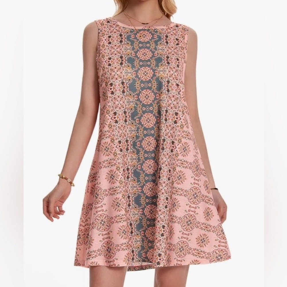 Luxveer Elegant Floral Midi Dress with pockets - Teal and Pink Size Large